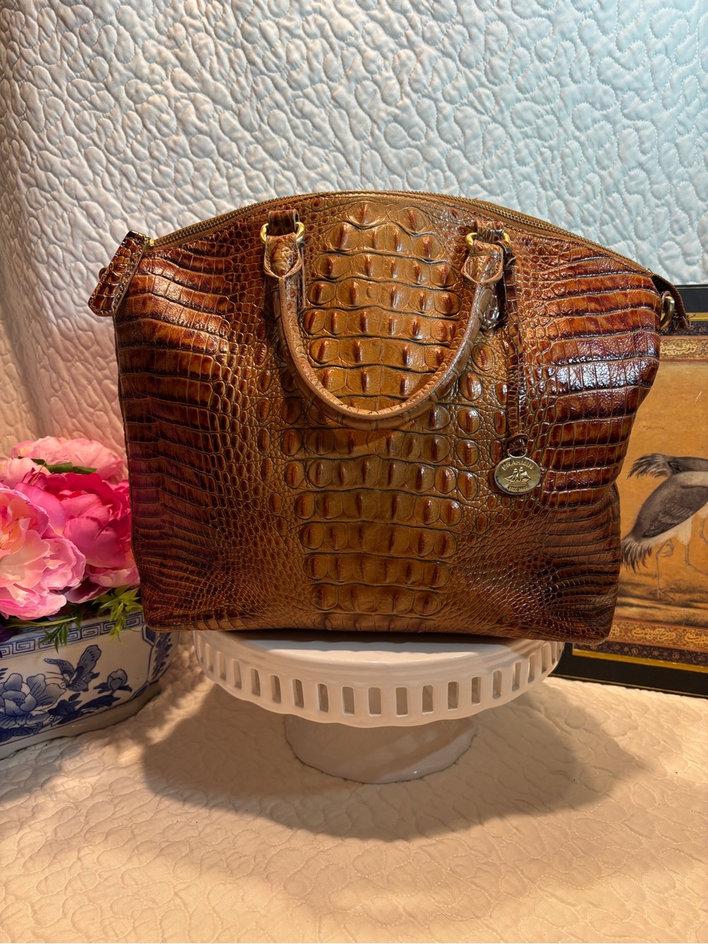 Brahmin Large Duxbury Satchel Rich Brown Croc-Embossed Leather in Pecan
